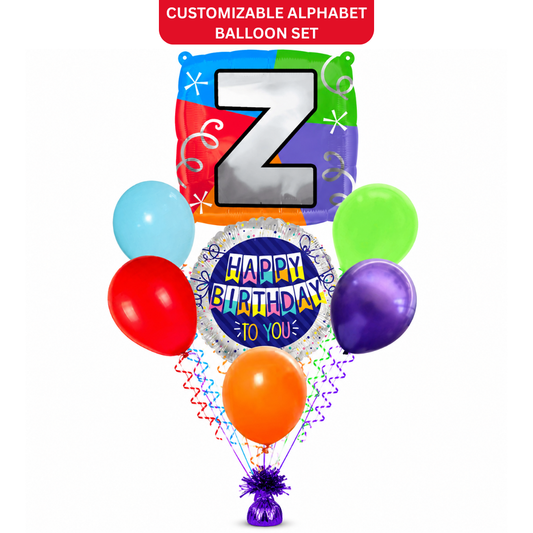 Customizable Alphabet "Z" Square Shaped Balloon with Customized Name Stickers Bouquet Set of 7PC | Customizable Name Inital Balloons| Choose Your Name