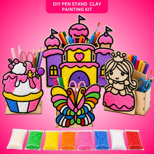 Wanna Party DIY Pen Stand Clay Painting Kit Combo Pack for Kids, Pack of 4 Wooden Craft Puzzle with 8 Color Snow Pearl Clays, Butterfly Princess Castle Ice Cream Art Activity, Birthday Return Gifts