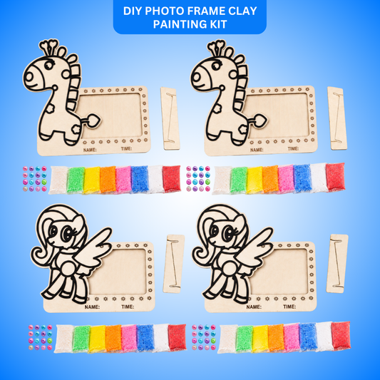 Wanna Party DIY Photo Frame Clay Painting Kit Combo Pack for Kids, Pack of 4 Wooden Craft Puzzle with 8 Color Snow Pearl Clays, Giraffe & Unicorn Handmade Art Activity, Birthday Return Gifts
