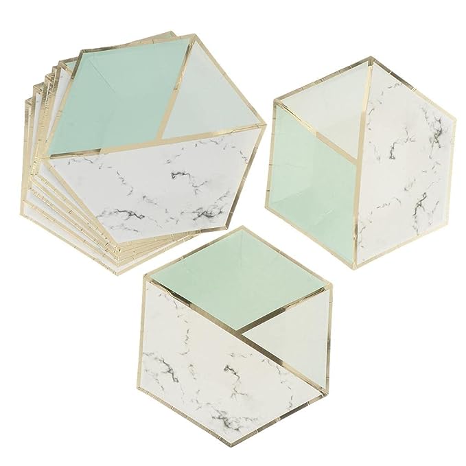 Aqua &amp; Gold Hexa Shaped Plates 9" - 10 PC