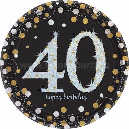 40th Birthday Sparkling Paper Plates 9" - 8PC