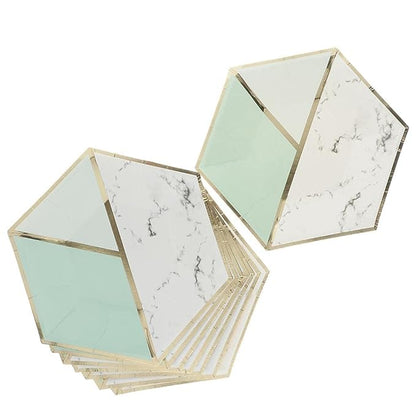 Aqua &amp; Gold Hexa Shaped Plates 9" - 10 PC