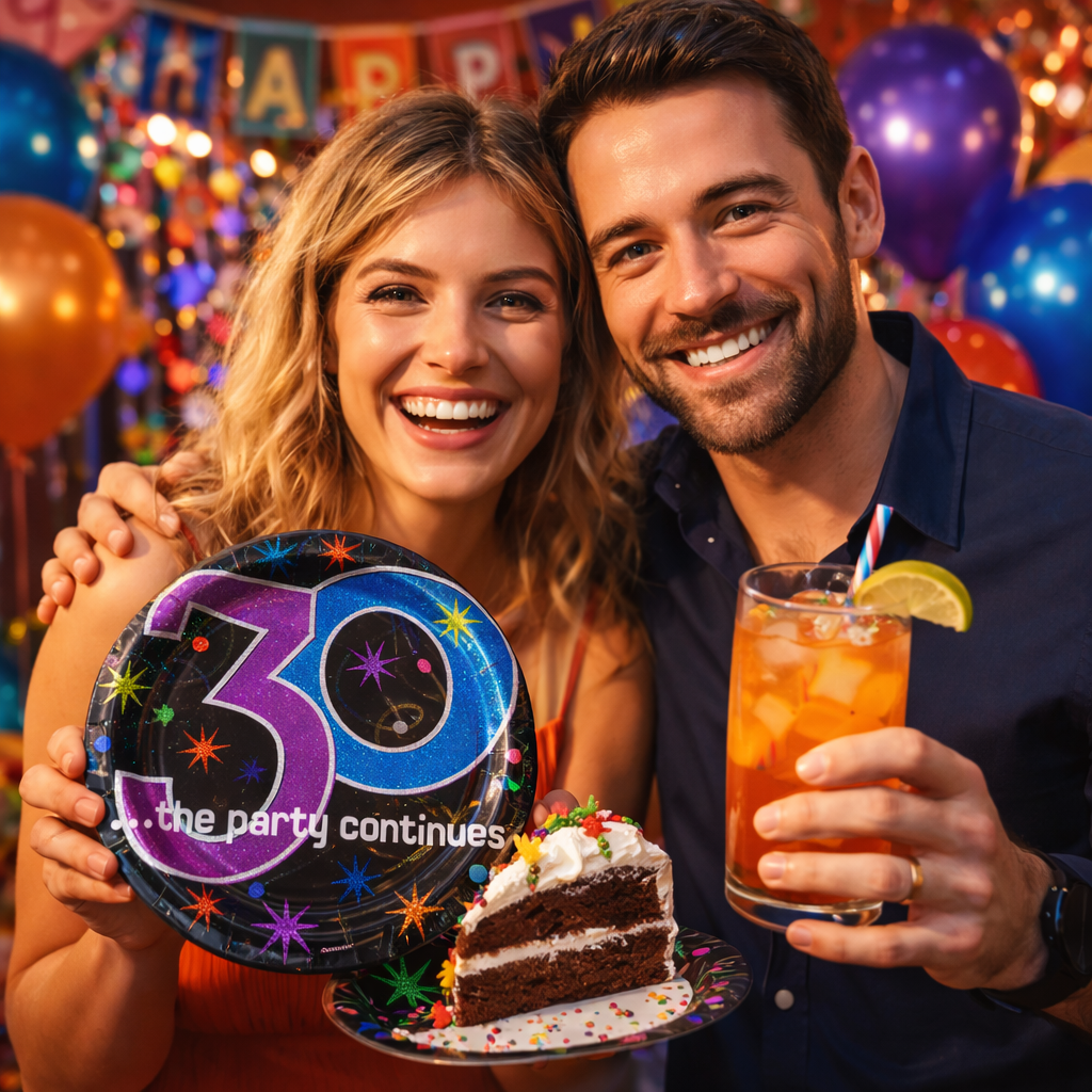30th Birthday Lunch Plates - The Party Continues Prismatic Paper Plates - 8 Pc