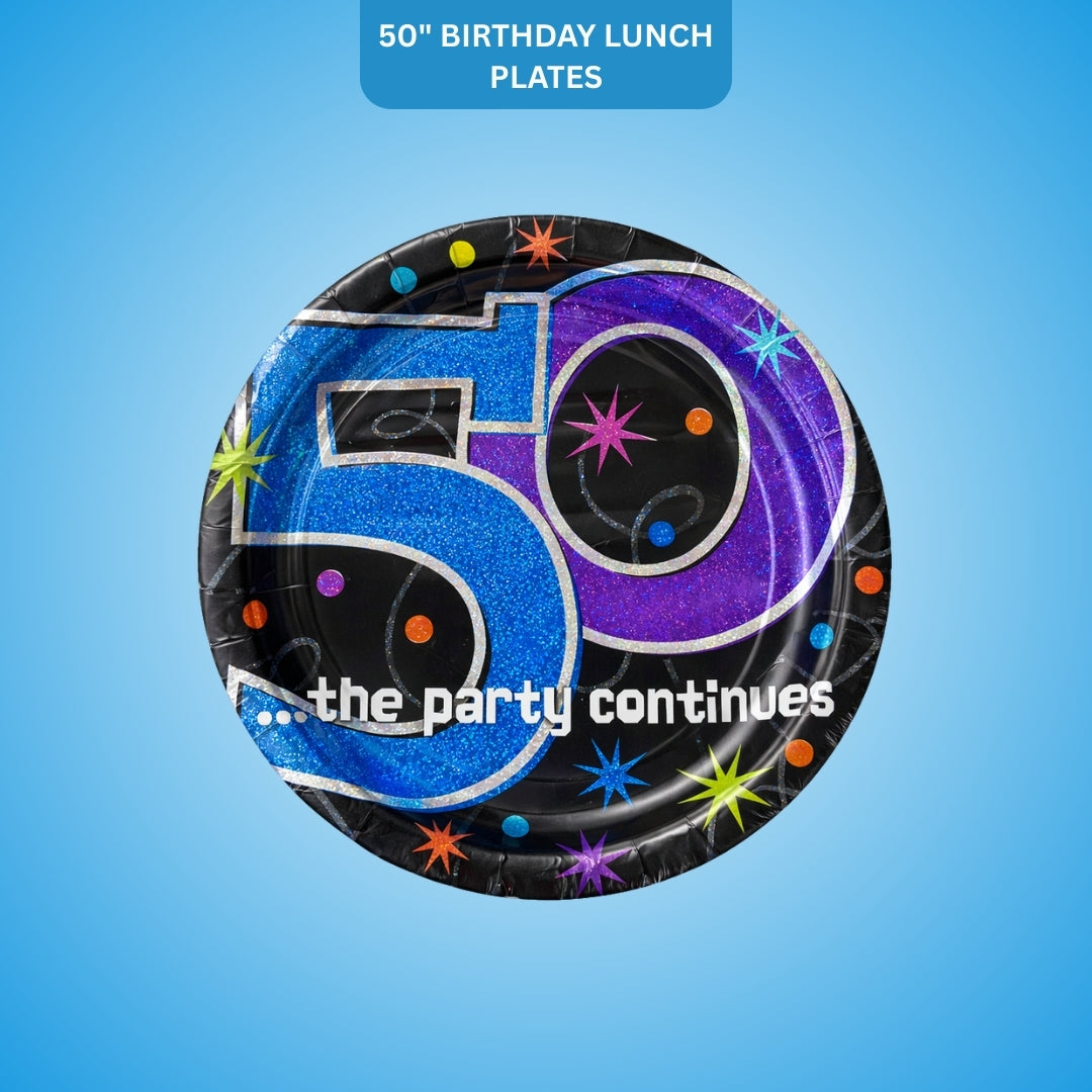 50th Birthday Lunch Plates - The Party Continues Prismatic Paper Plates - 8 Pc
