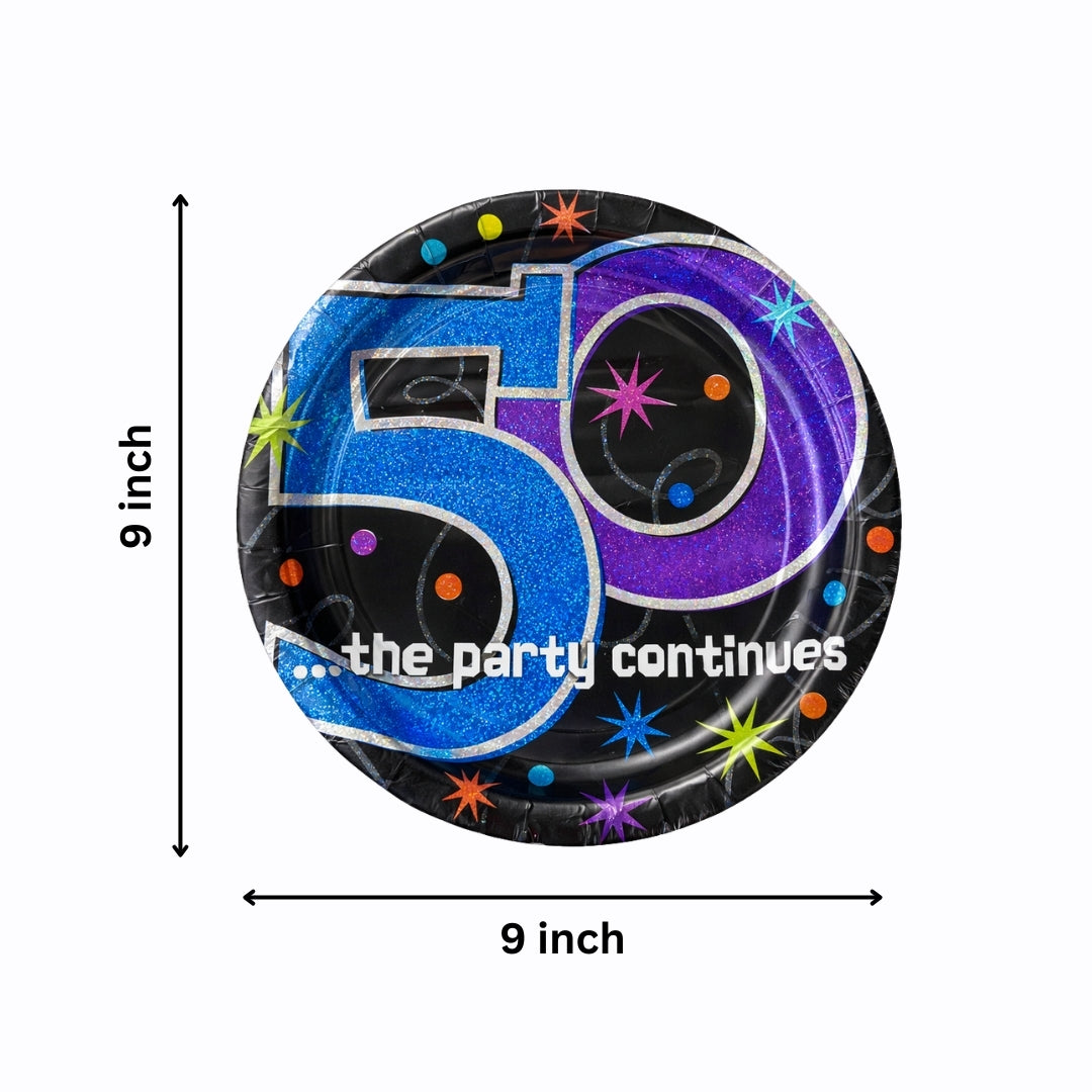 50th Birthday Lunch Plates - The Party Continues Prismatic Paper Plates - 8 Pc