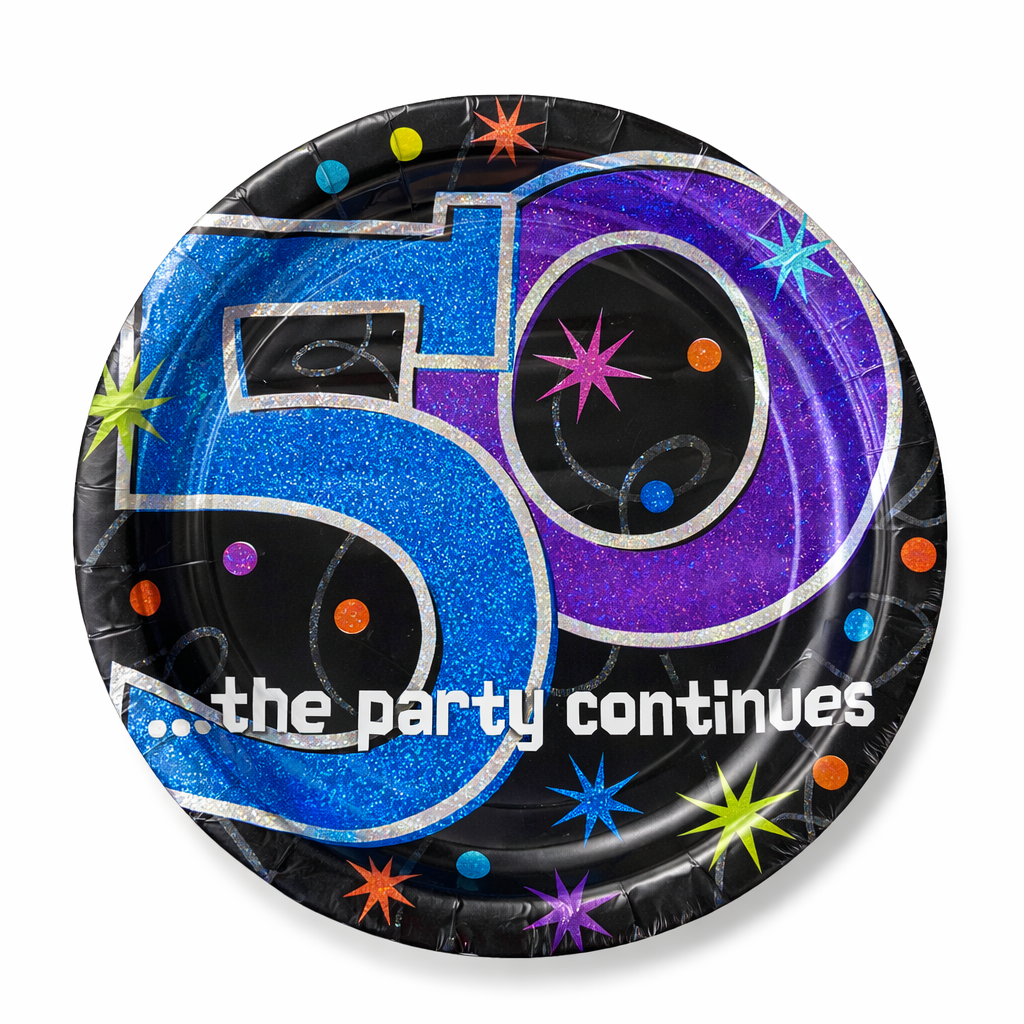 50th Birthday Lunch Plates - The Party Continues Prismatic Paper Plates - 8 Pc