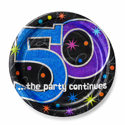 50th Birthday Lunch Plates - The Party Continues Prismatic Paper Plates - 8 Pc