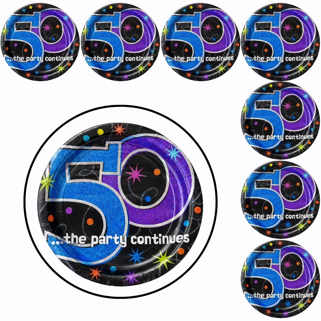 50th Birthday Lunch Plates - The Party Continues Prismatic Paper Plates - 8 Pc