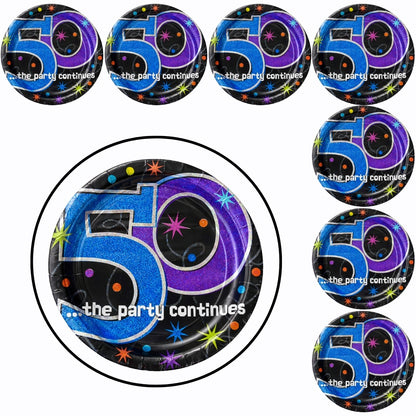 50th Birthday Lunch Plates - The Party Continues Prismatic Paper Plates - 8 Pc