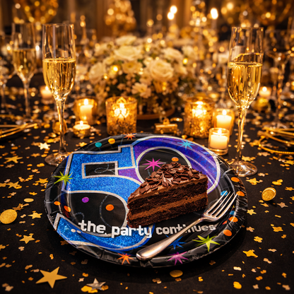 50th Birthday Lunch Plates - The Party Continues Prismatic Paper Plates - 8 Pc