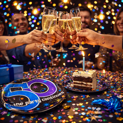 50th Birthday Lunch Plates - The Party Continues Prismatic Paper Plates - 8 Pc