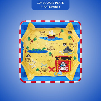 Pirate Party Square Paper Plates 10 Inch - Pirate Theme Birthday Party Tableware - 8 Pc
