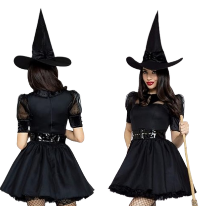 Sexy Witch Black Dress for Adults w/ Witch Hat, Belt & Gloves