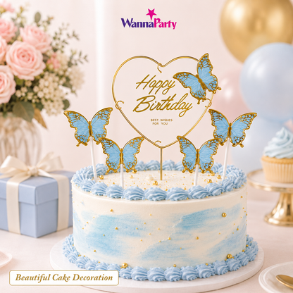 Happy Birthday Cake Topper with Blue Butterflies - 5PC