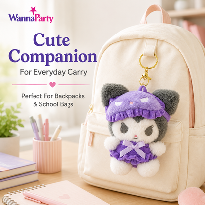 Cute Kawaii Kuromi Plush Keychain, Soft Black & White Character Bag Charm with Purple Outfit & Gold Metal Chain, Backpack, Handbag, Keys, Birthday Return Gift – 1PC