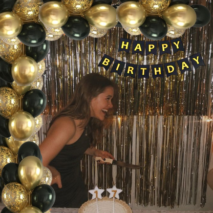 Happy Birthday Banner, Black and Gold Birthday Decoration Set of 13- Birthday Banner with 12inch Balloons, Ribbon and Adhesive Wall Hooks for Happy Birthday Decorations for Men, Boys, Women and Girls