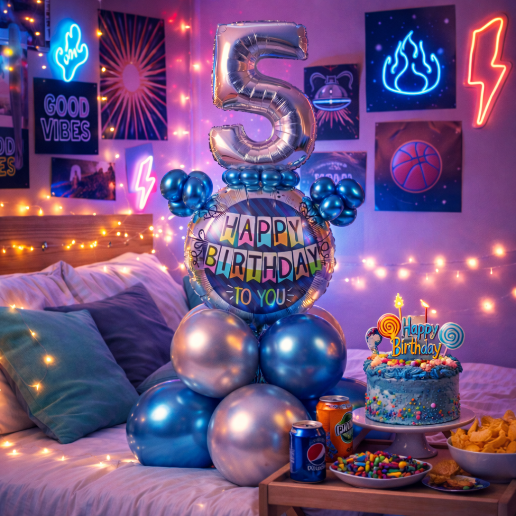 Designer Blue & Silver Balloon Bouquet Arrangement for 5th Birthday
