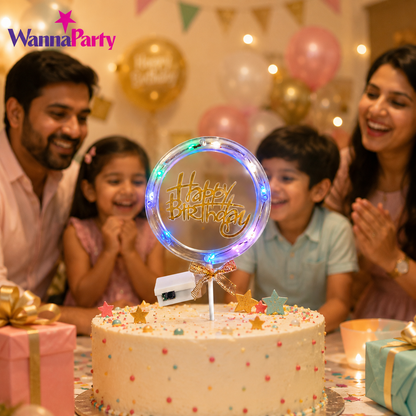 Happy Birthday LED Cake Topper, Transparent Round Cake Decoration with Gold Text, Built-In Light String & Bow for Birthday Party, Cakes, Cupcakes & Dessert Table – 1PC
