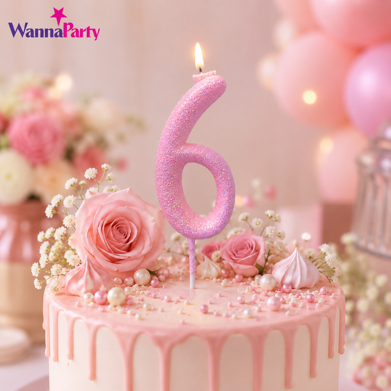 Glitter Designer Pink Candle Number 6 | Cake Candles
