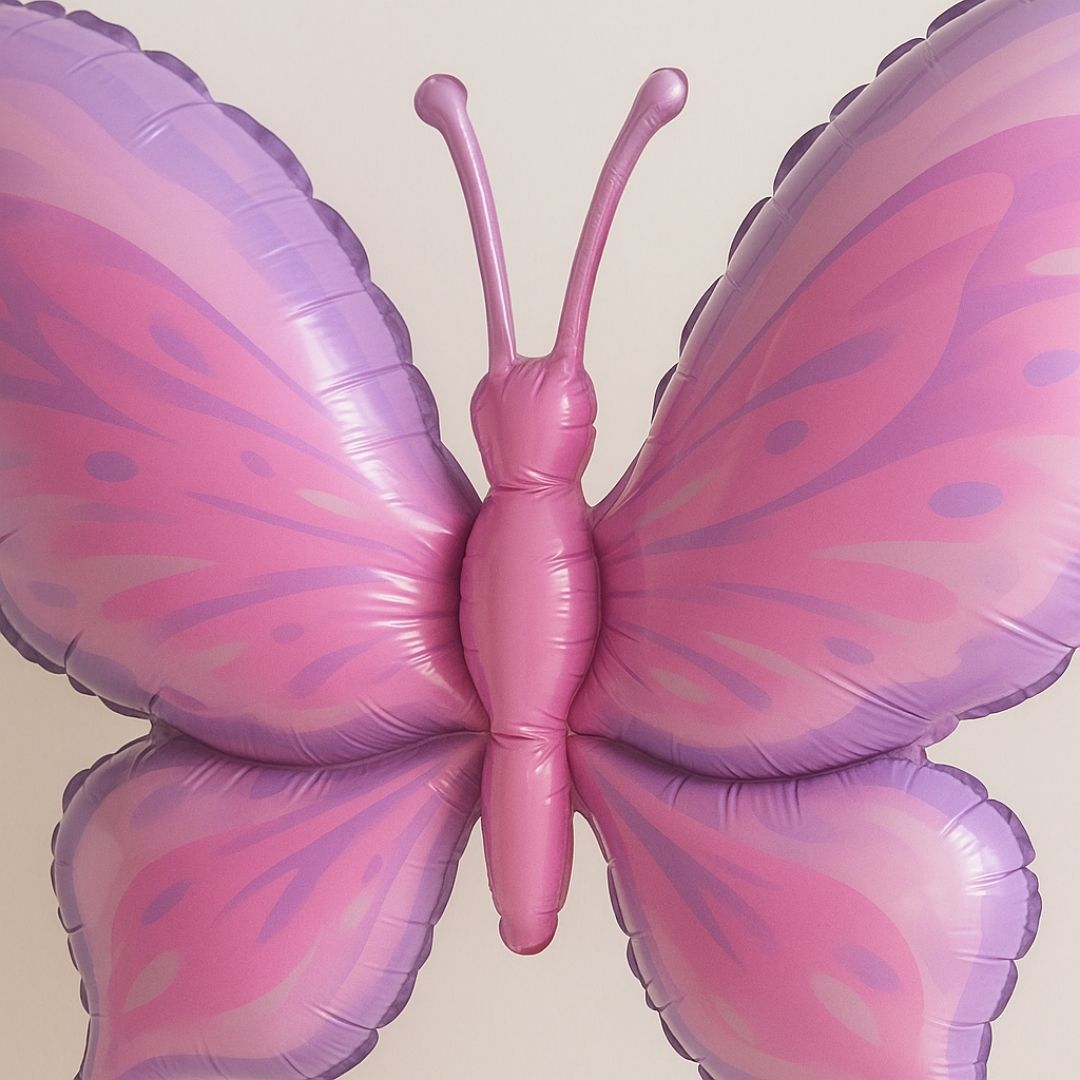 Butterfly Shaped Metallic Pistachio & Pink Balloon with Purple Thorax - Helum Quality - 34 inches - 1PC