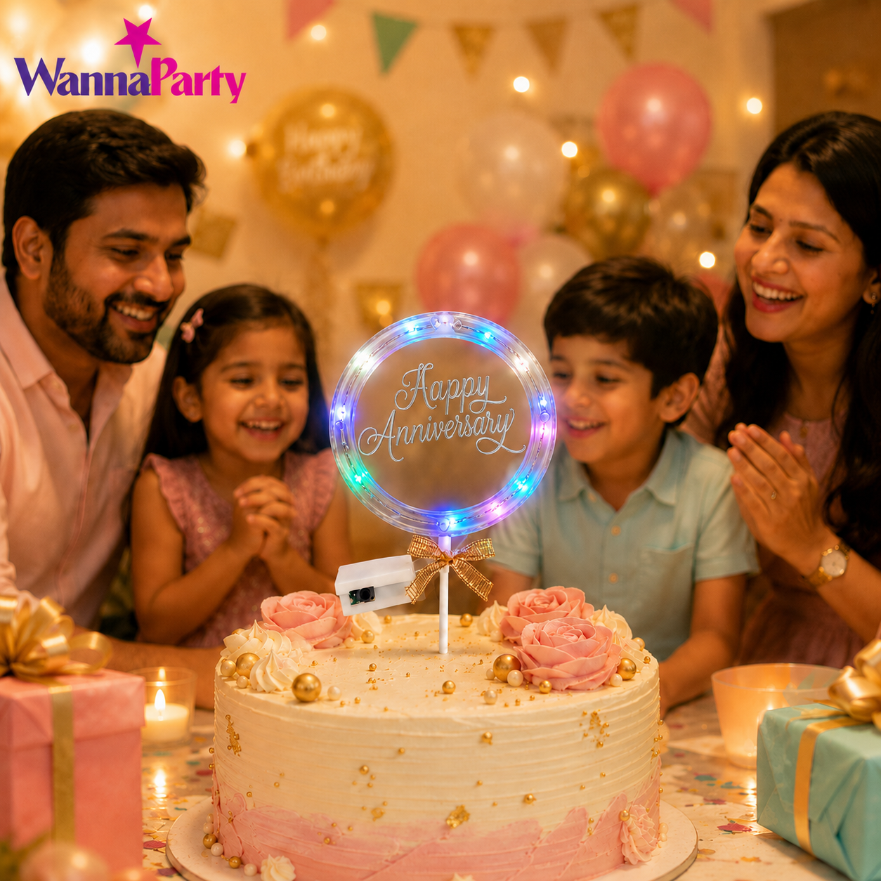 Happy Anniversary LED Cake Topper, Transparent Round Cake Decoration with Gold Text, Built-In Light String & Bow for Anniversary Party, Couple Celebration & Dessert Table – 1PC
