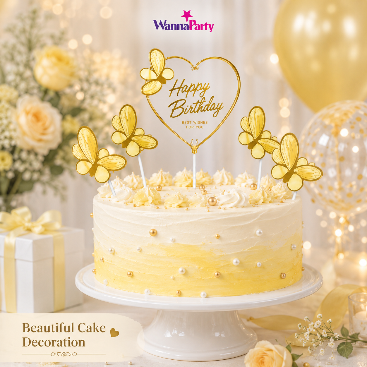 Happy Birthday Cake Topper with Yellow Butterflies - 5PC