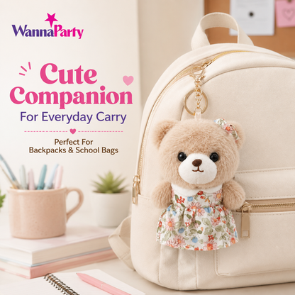 Teddy Bear Plush Keychain, Cute Soft Bear Bag Charm with Floral Dress | Gold Metal Chain, Backpack, Handbag, Keys, Birthday Return Gift & Party Favor – 1PC