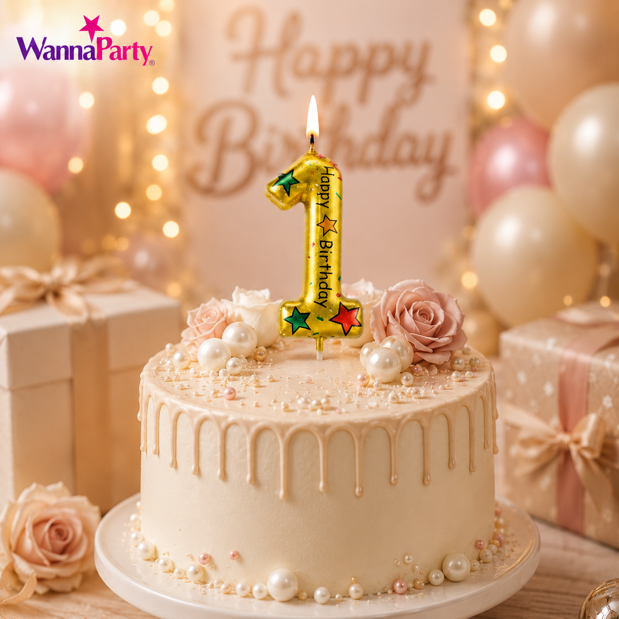 Golden Color Happy Birthday Printed Candle Number 1