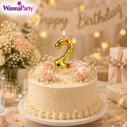 Golden Color Happy Birthday Printed Candle Number 2