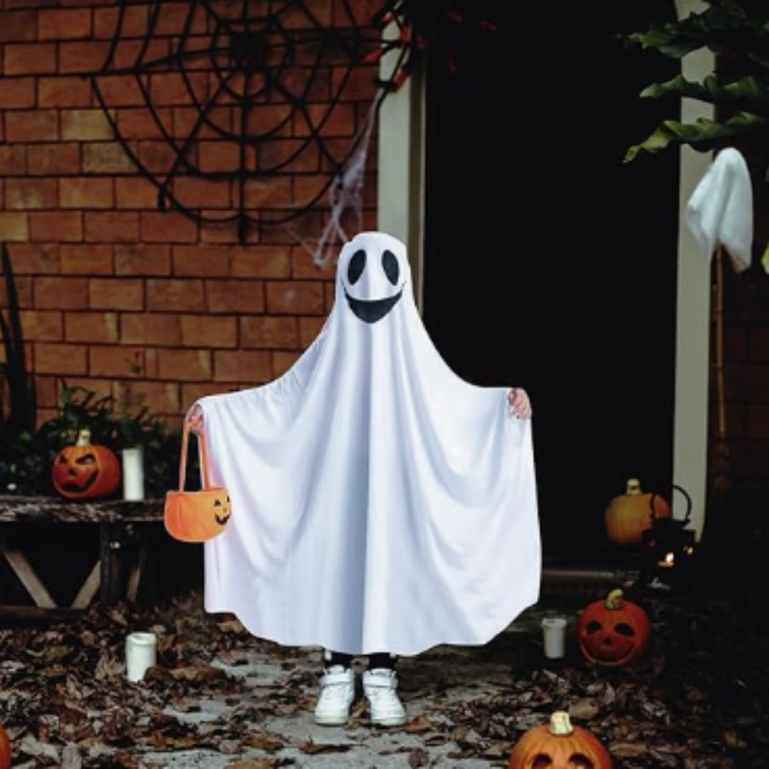 White Ghost Poncho for Kids Theme Party  - Size L - Age 7 to 9