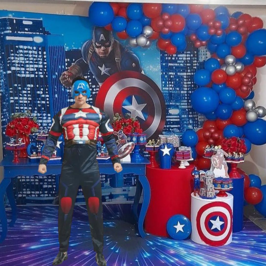 Muscular Captain America Costume with Jumpsuit and Mask for Adults - Size L