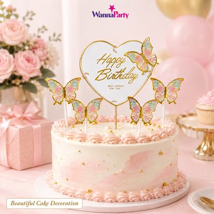 Happy Birthday Cake Topper with Multicolor Butterflies - 5PC