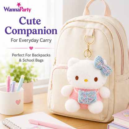 Blue Hello Kitty Plushy Key Chain | Cute Kawaii Blue Cat Plush Keychain | Soft Bag Charm with Blue Bow & Mini Purse, Gold Metal Chain for Backpack, Handbag, Keys, Birthday Return Gift & Party Favor – 1PC