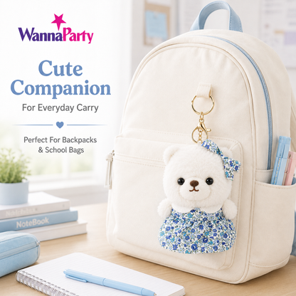 White Teddy Bear Plush Keychain, Cute Soft Bear Bag Charm with Blue Floral Dress | Gold Metal Chain, Backpack, Handbag, Keys, Birthday Return Gift & Party Favor – 1PC