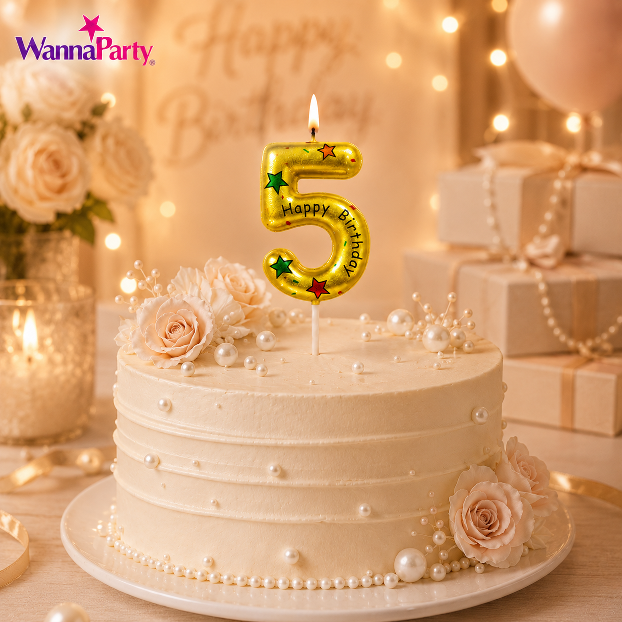 Golden Color Happy Birthday Printed Candle Number 5