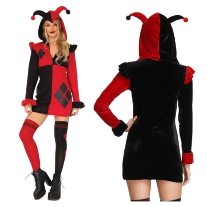 Super Villain Harley Quinn Comic Red & Black Women Costume with Hood