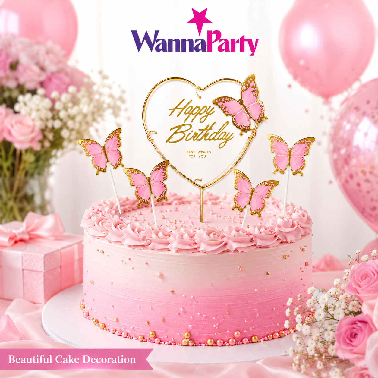 Happy Birthday Cake Topper with Pink Butterflies - 5PC