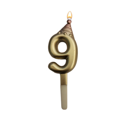 Golden Numerical Candle 9 with Pink Hat