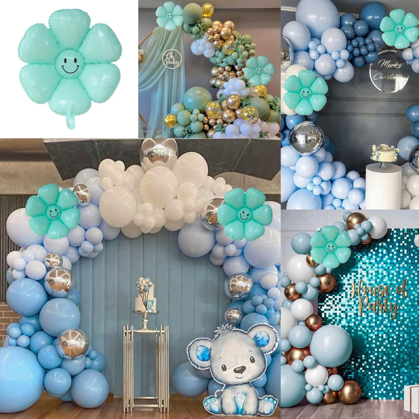 Smiley Flower Balloon Mint Blue - 18 inch