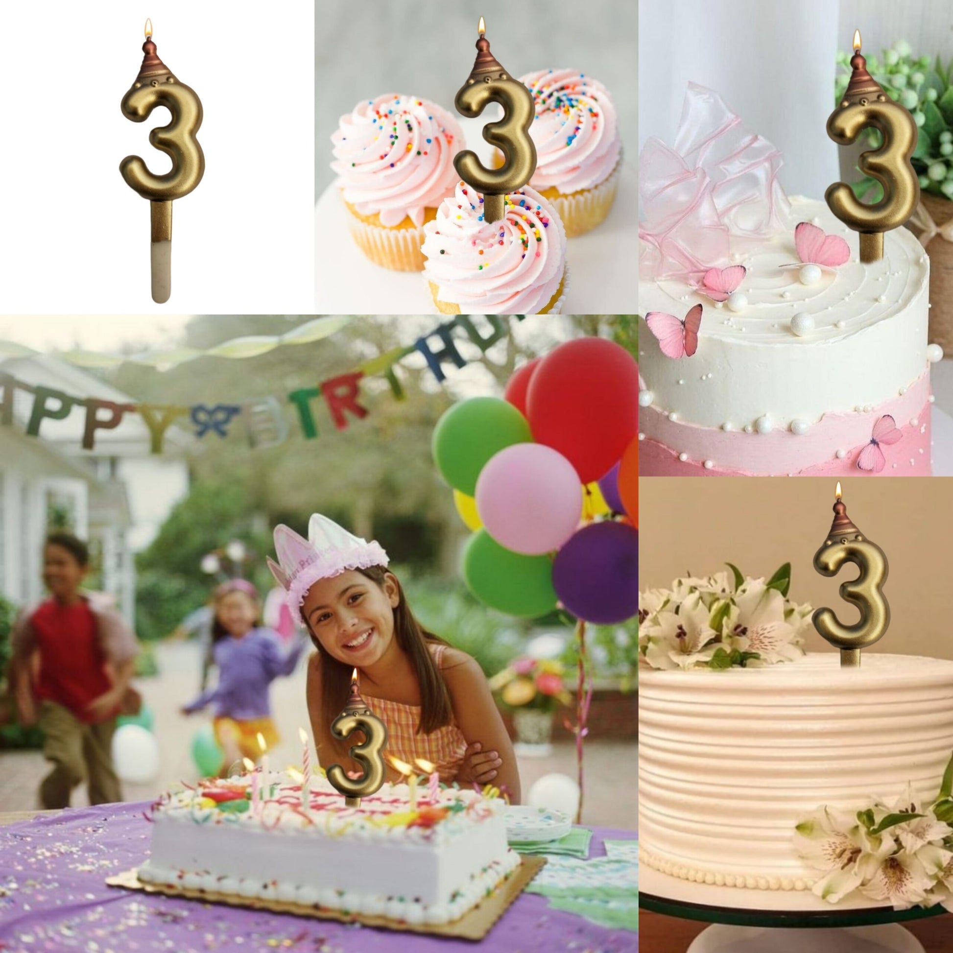 Golden Numerical Candle 3 with Pink Hat