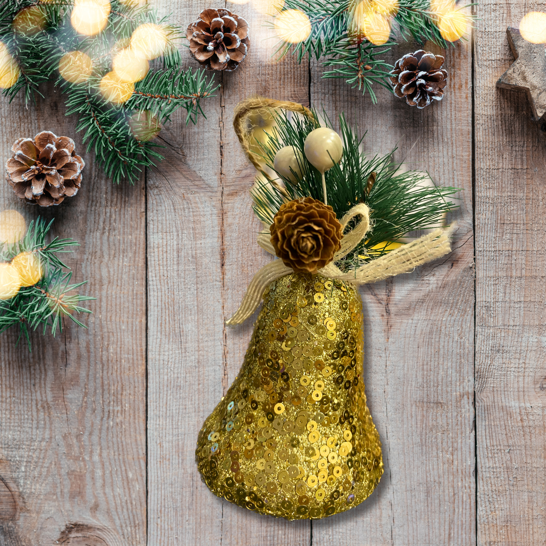 Christmas Tree Ornaments Golden Sequin Bell with Pine Cone Hanging - 3PC