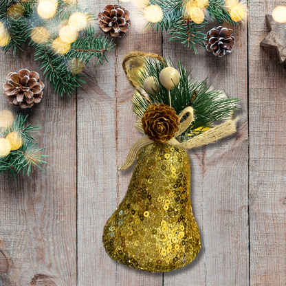 Christmas Tree Ornaments Golden Sequin Bell with Pine Cone Hanging - 3PC