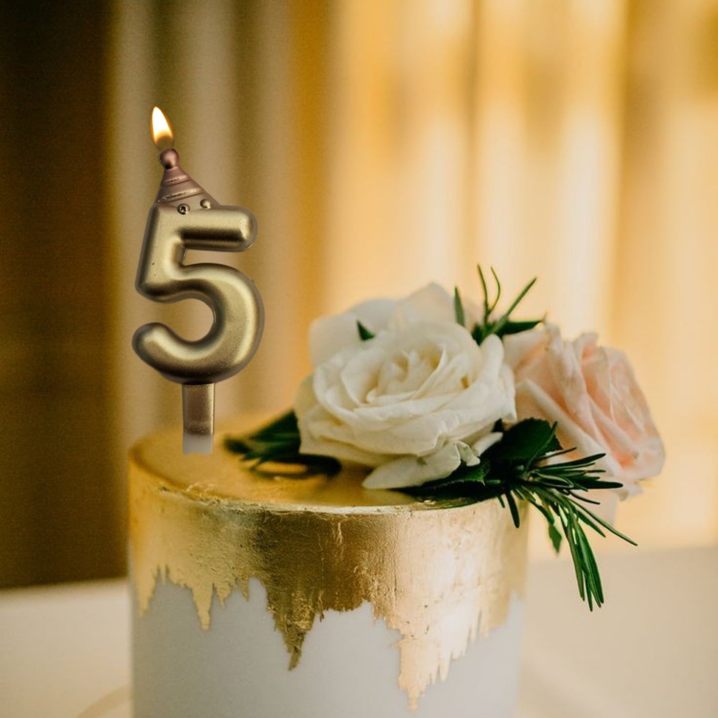 Golden Numerical Candle 5 with Pink Hat