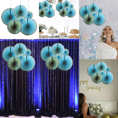 Blue Gold Designed Paper Fans Set - 6PC