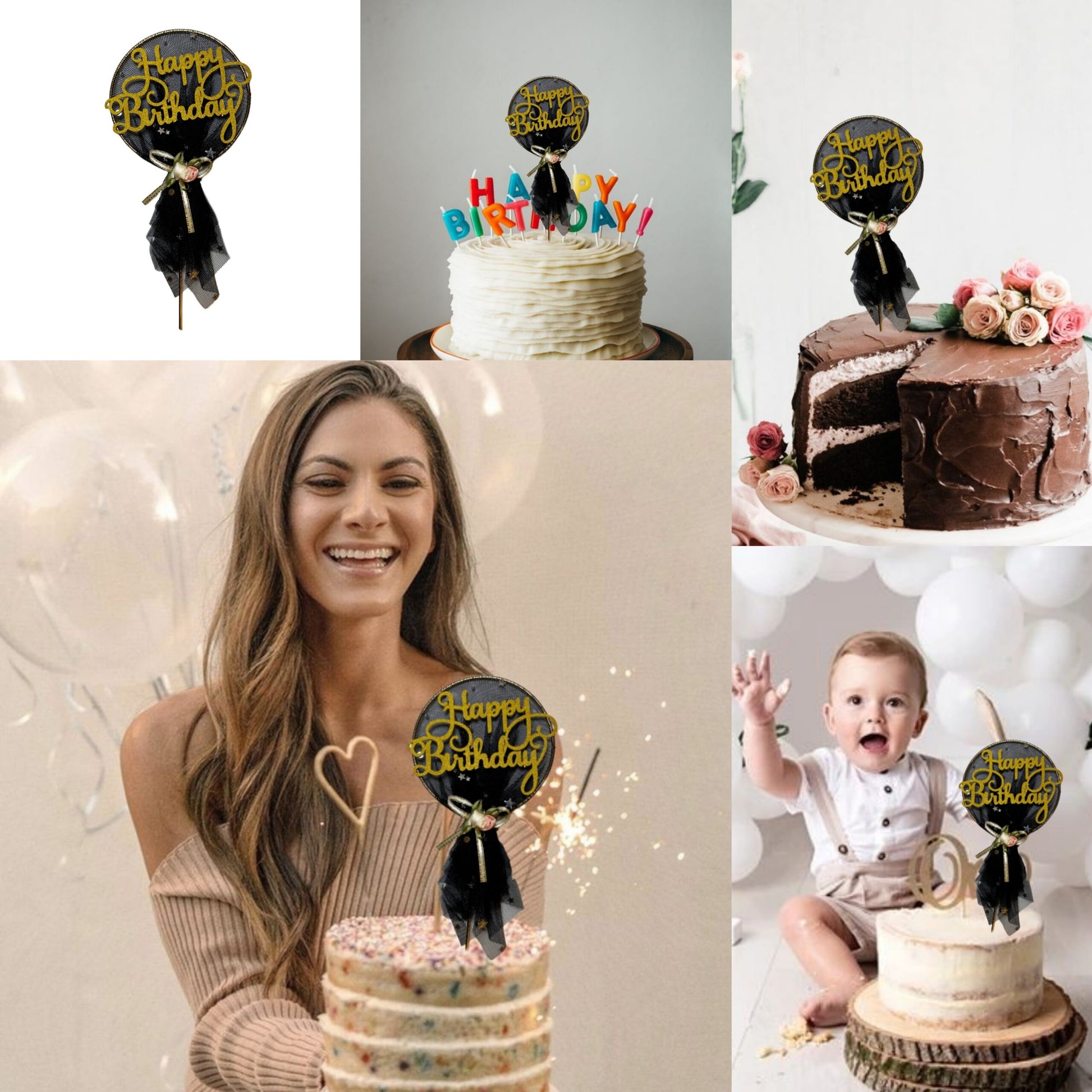 Happy Birthday Golden Cake Topper with Black Net