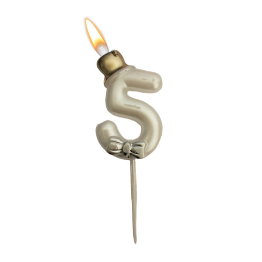 Metallic White Numerical Candle 5 with Golden Hat