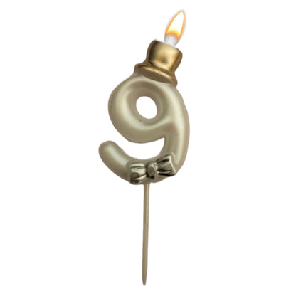 Metallic White Numerical Candle 9 with Golden Hat