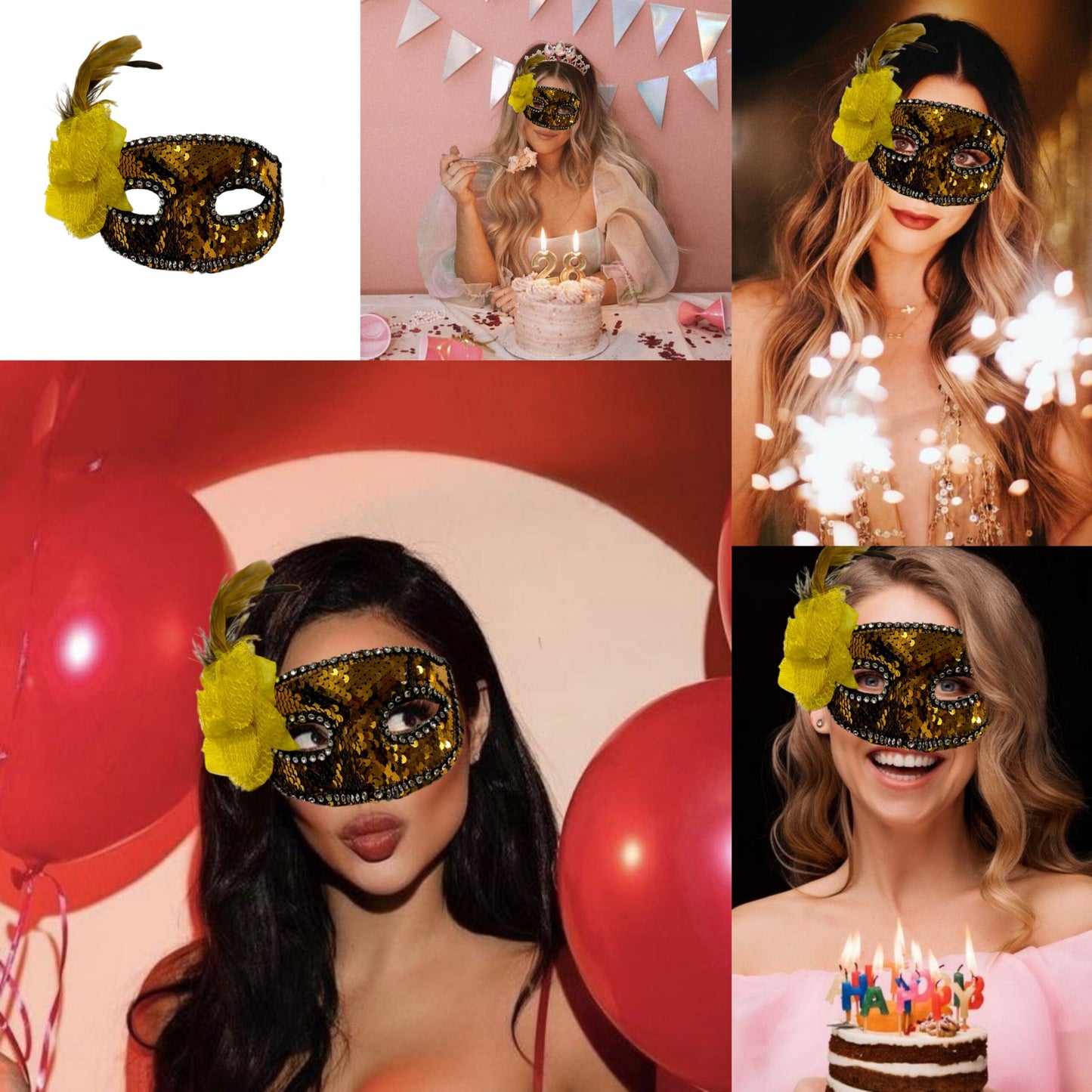 Golden Sequin Eye Mask with Yellow Flower