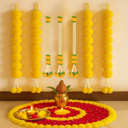 Atrtificial Yellow Marigold and White Mogra Garlands Hanging Backdrop Decorations Set of 7
