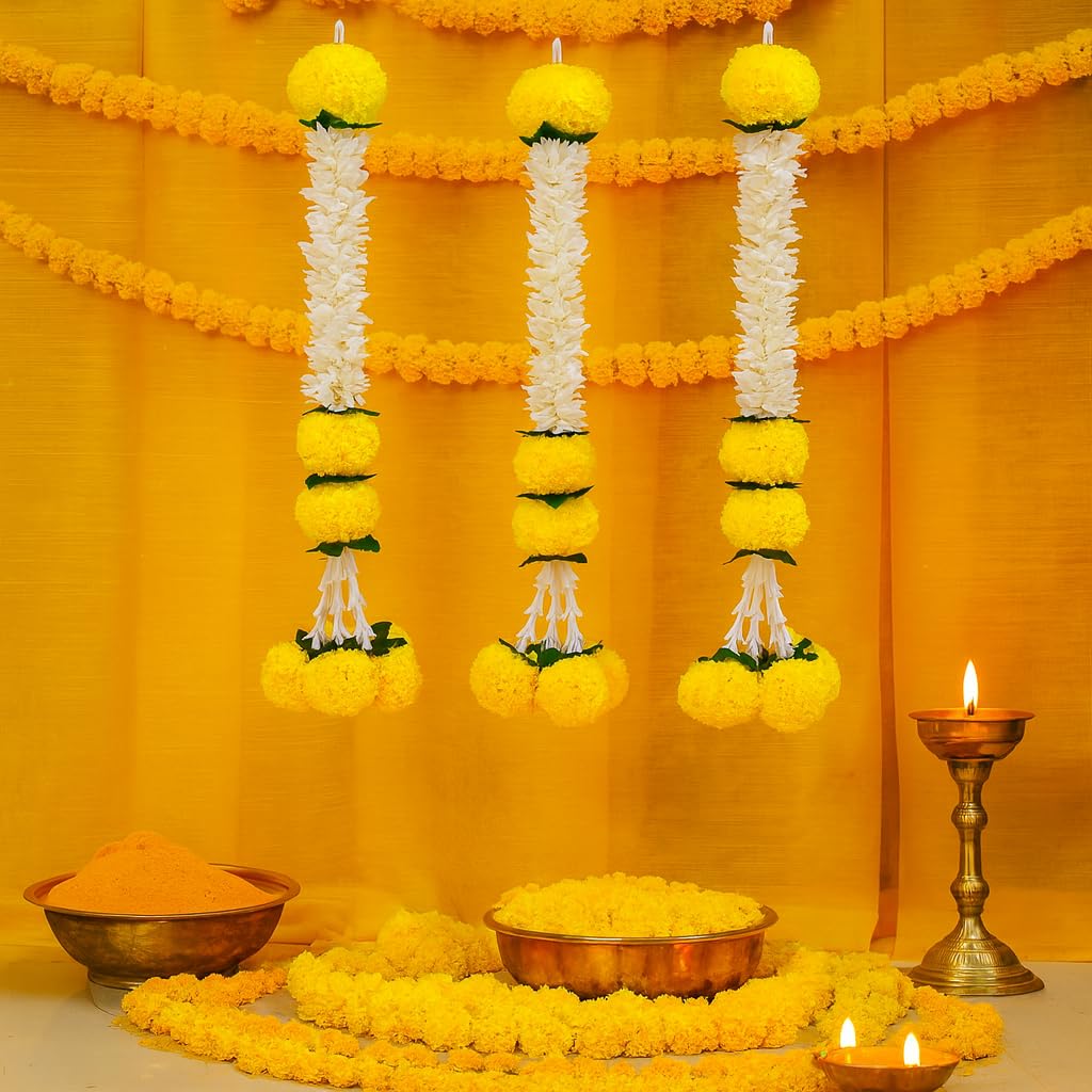 Pack of 3 Artificial White Gajra Jasmine & Marigold Flower Strings Wedding- 24 inch